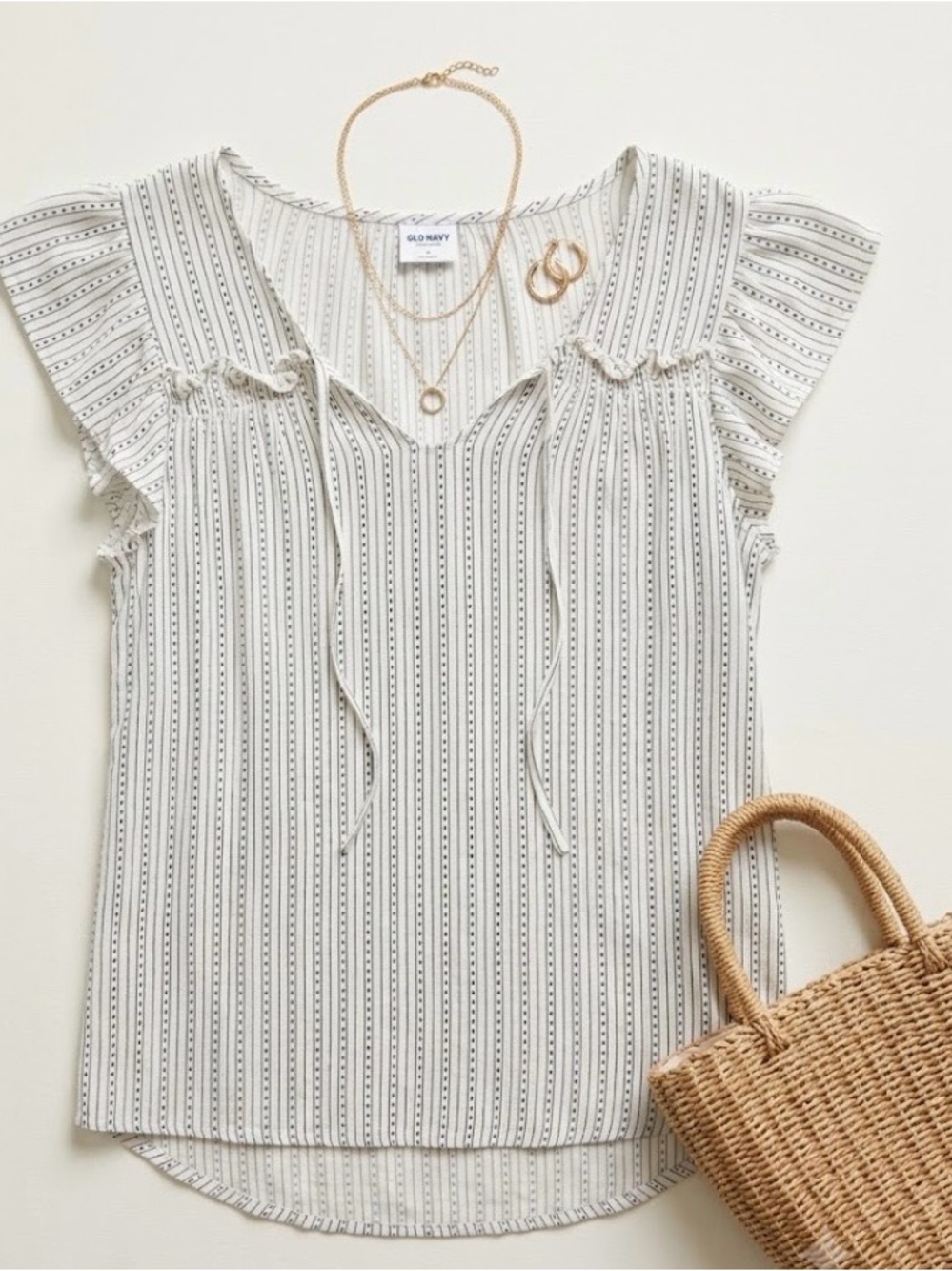Old Navy Cream Stripe Ruffle-Sleeve Tie-Neck Top size medium